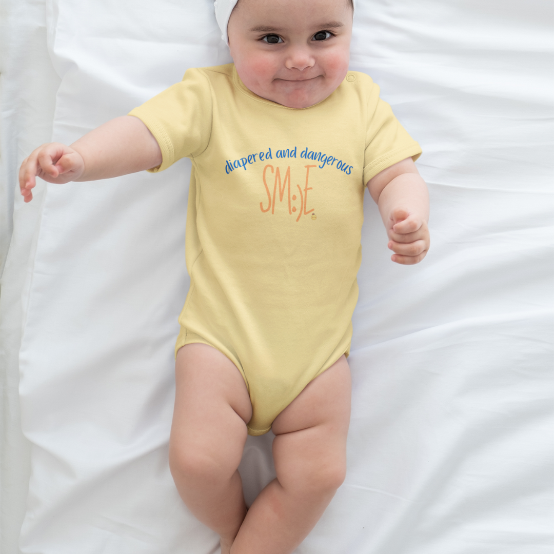 Diapered and Dangerous sm:)e Infant Bodysuit - Funny Baby Statement Onesie, Trendy Toddler Gift