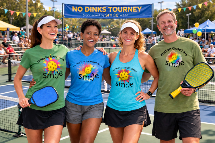 Two adults standing on a pickleball court holding paddles, wearing Smile brand shirts with pickleball-themed slogans.