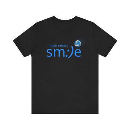 Black t-shirt with blue text and logo on a white background