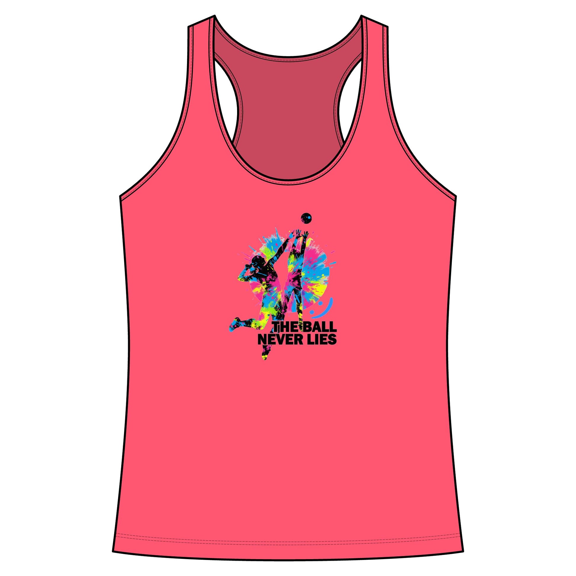 Pink tank top with colorful graphic and text on a white background