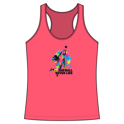 Pink tank top with colorful graphic and text on a white background