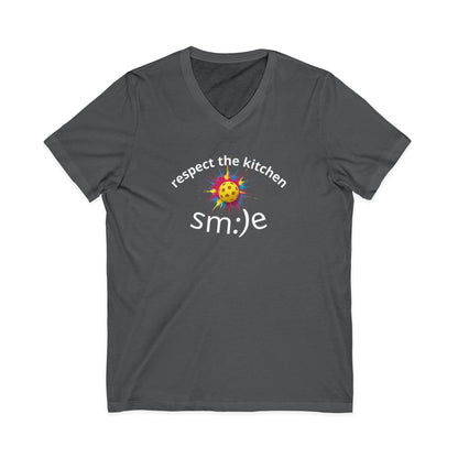 Gray t-shirt with 'respect the kitchen smile' text and smiley face design on a white background