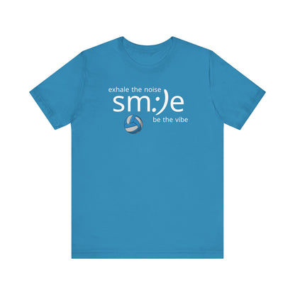 Blue t-shirt with motivational text and smiley face design on a white background