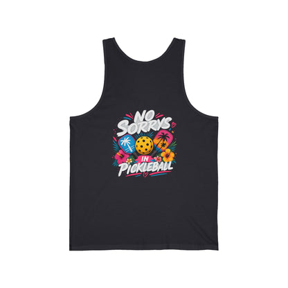 Pickleball Tank Top — "No Sorry's in Pickleball" Retro Tropical Design