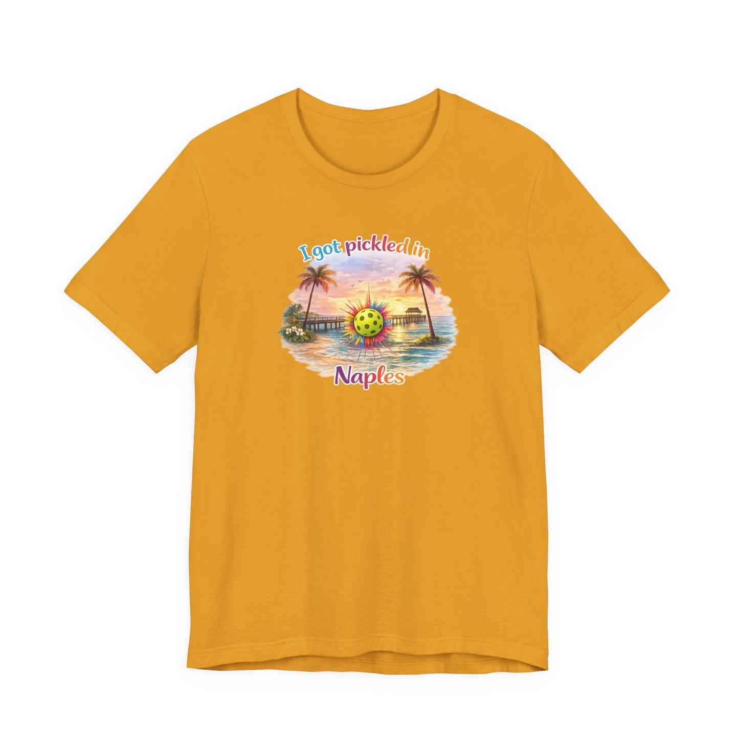 Yellow t-shirt with a tropical graphic and text on a white background