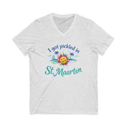 White t-shirt with 'I got pickled in St. Maarten' text and colorful graphic on a white background