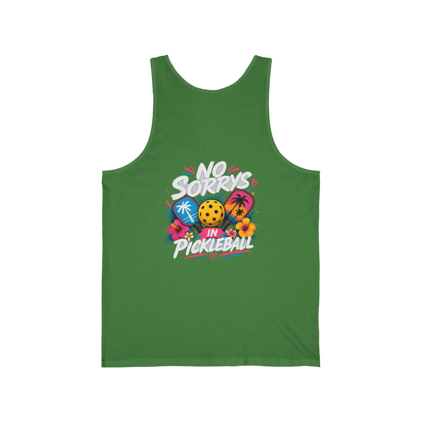 Pickleball Tank Top — "No Sorry's in Pickleball" Retro Tropical Design
