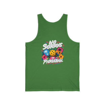 Pickleball Tank Top — "No Sorry's in Pickleball" Retro Tropical Design