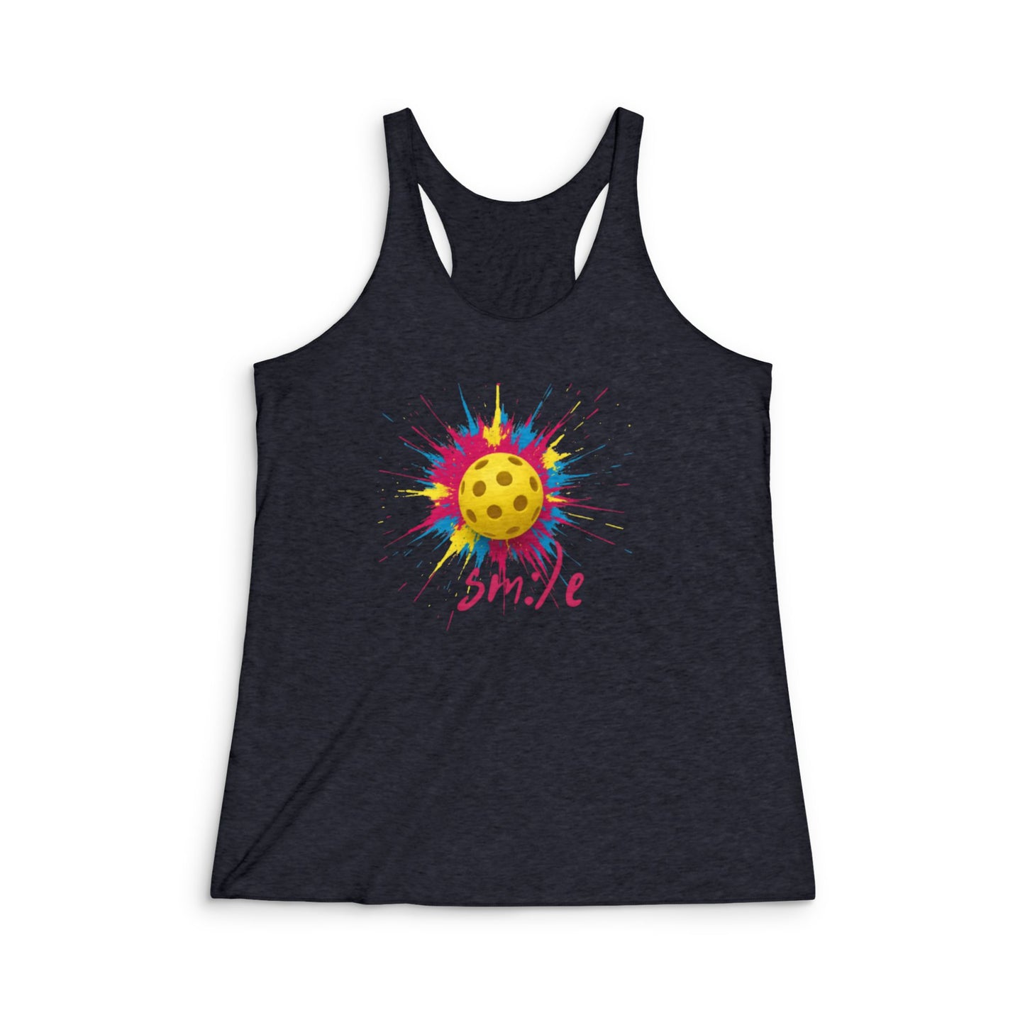 Black tank top with a colorful pickleball design and 'Smile' text on a white background