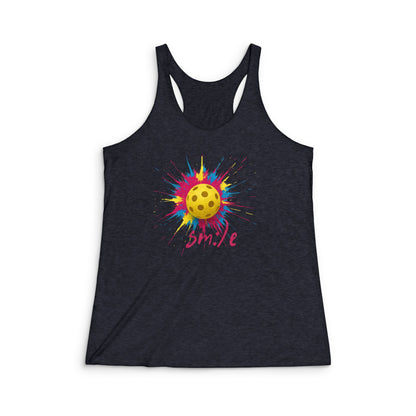 Black tank top with a colorful pickleball design and 'Smile' text on a white background