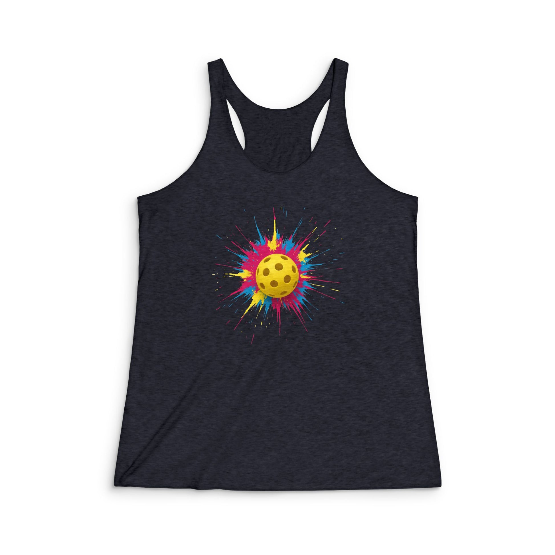 Black tank top with a colorful pickleball design on a white background