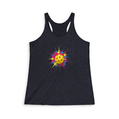 Black tank top with a colorful pickleball design on a white background