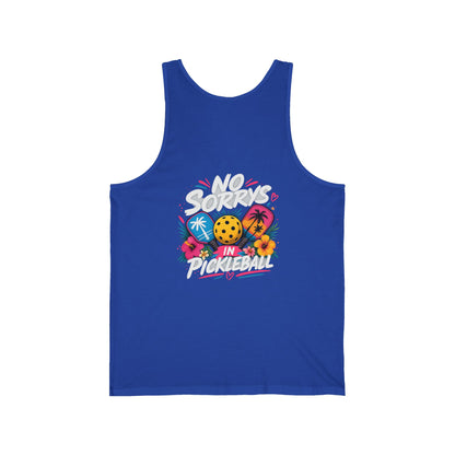 Pickleball Tank Top — "No Sorry's in Pickleball" Retro Tropical Design