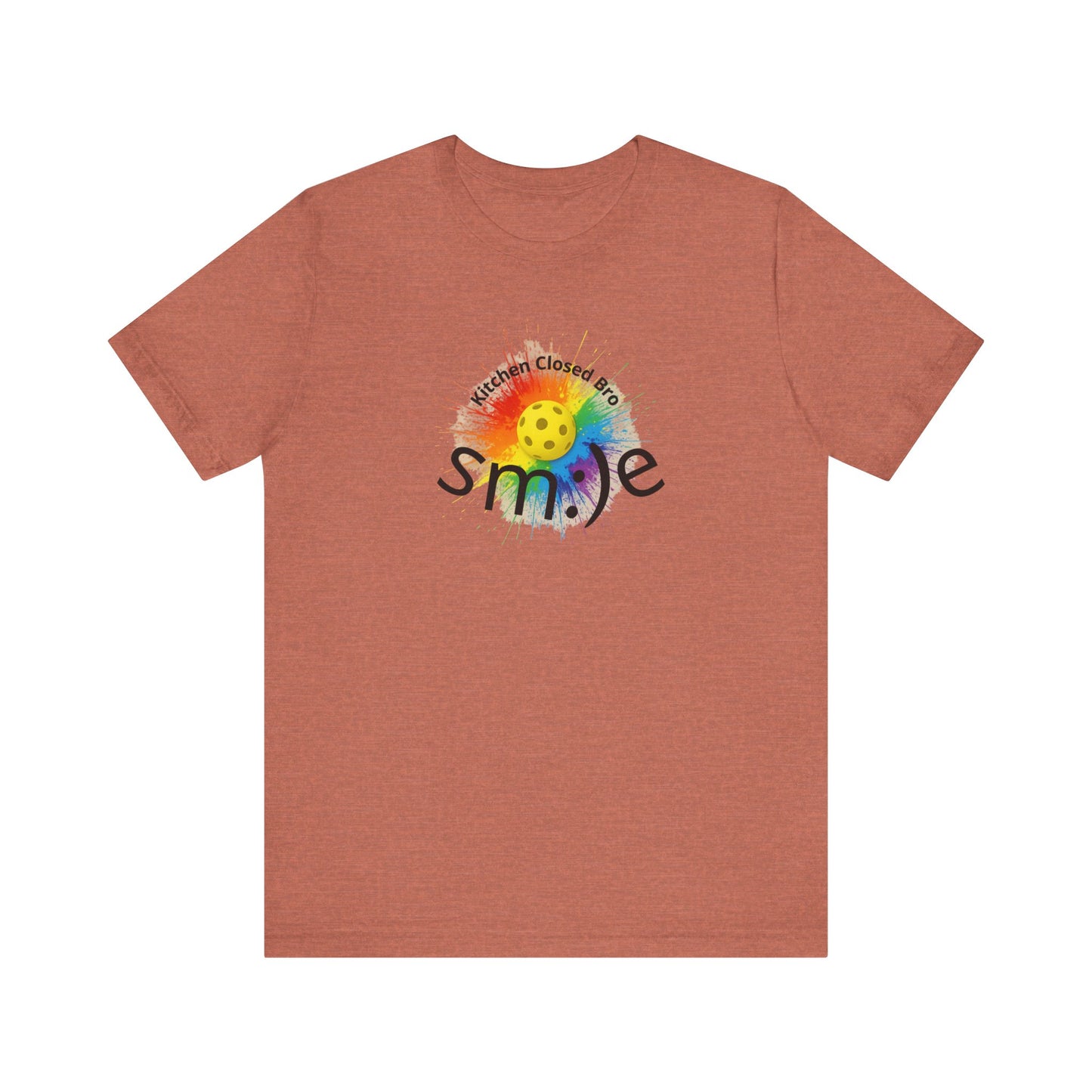 Brown t-shirt with a colorful smiley face design on a white background