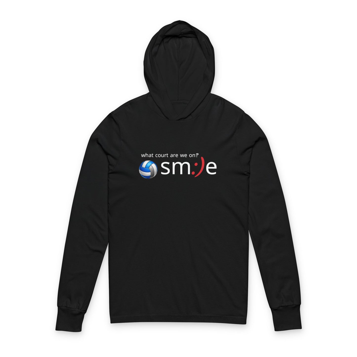 Black hoodie with a logo and text on a white background