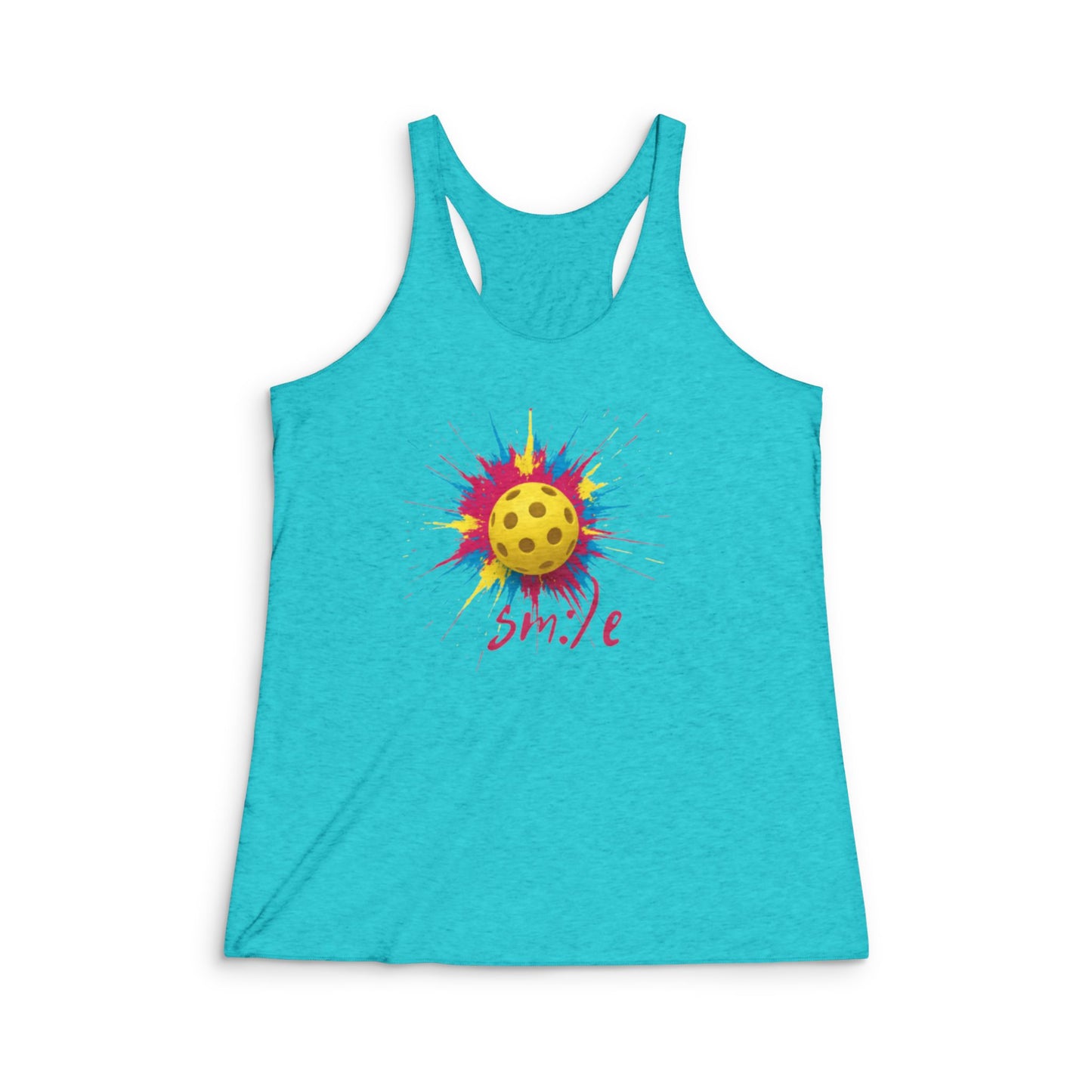 Turquoise tank top with a colorful smiley face design on a white background