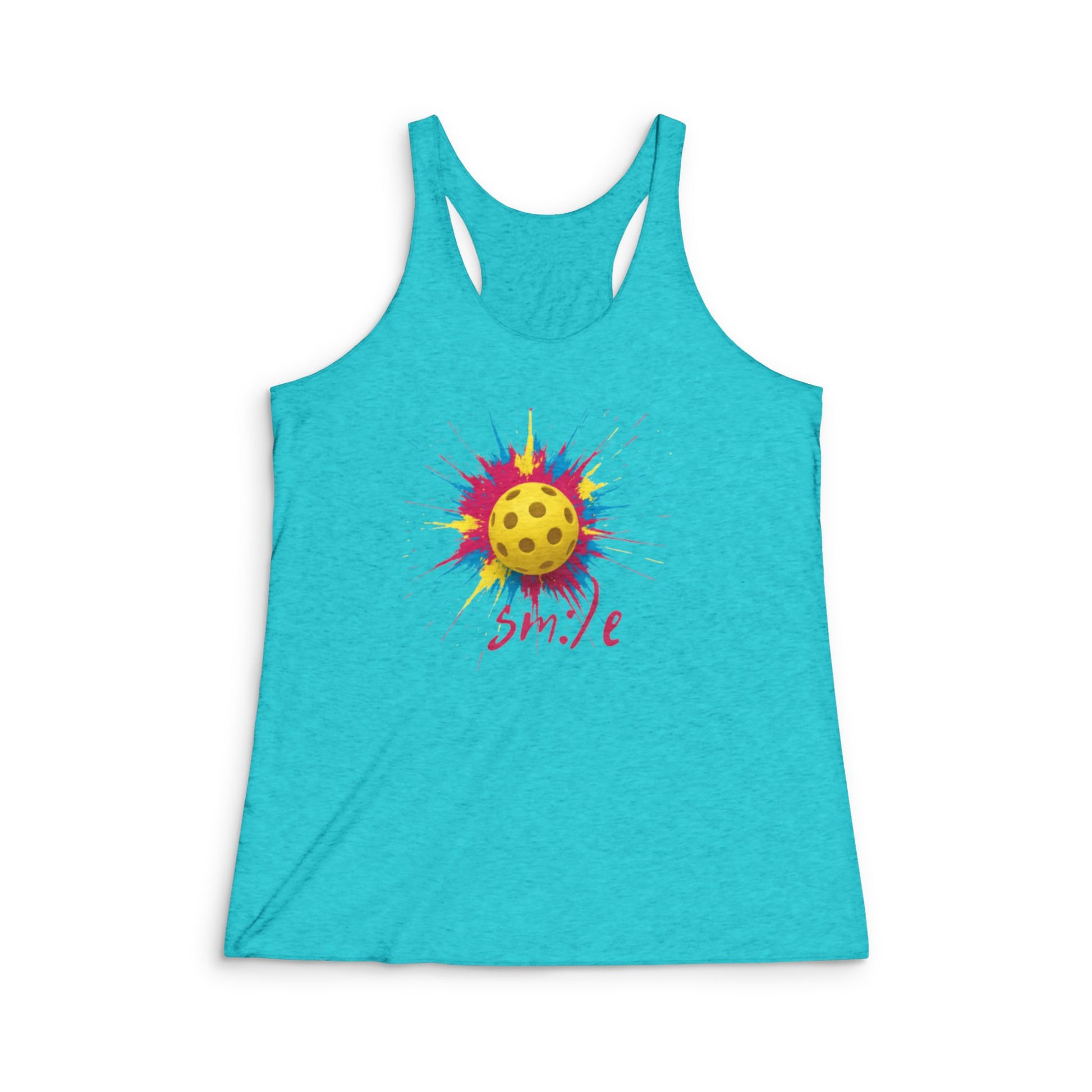 Turquoise tank top with a colorful smiley face design on a white background