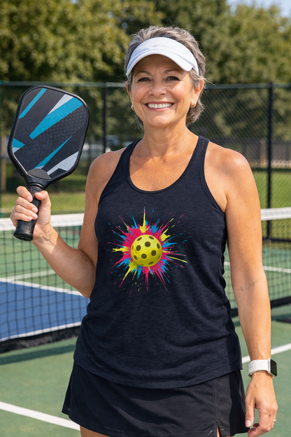 Sun Splash Racerback Tank | Cosmic Pickleball Graphic
