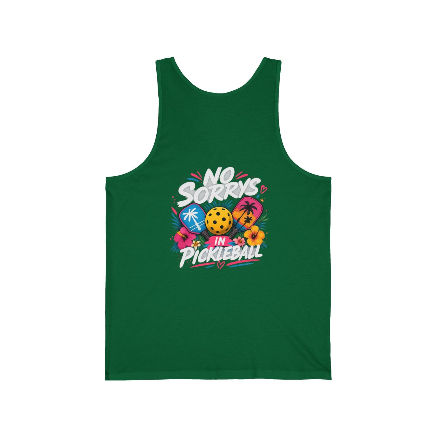 Pickleball Tank Top — "No Sorry's in Pickleball" Retro Tropical Design