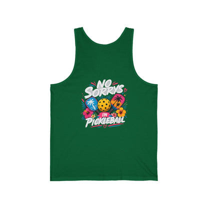 Pickleball Tank Top — "No Sorry's in Pickleball" Retro Tropical Design