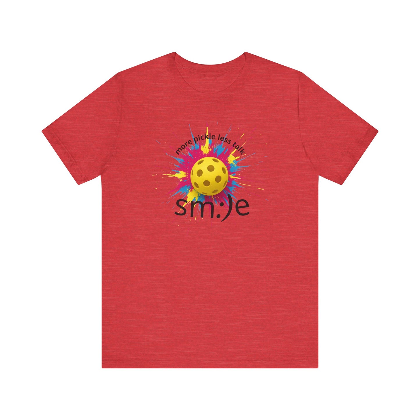 Red t-shirt with a colorful smiley face design on a white background