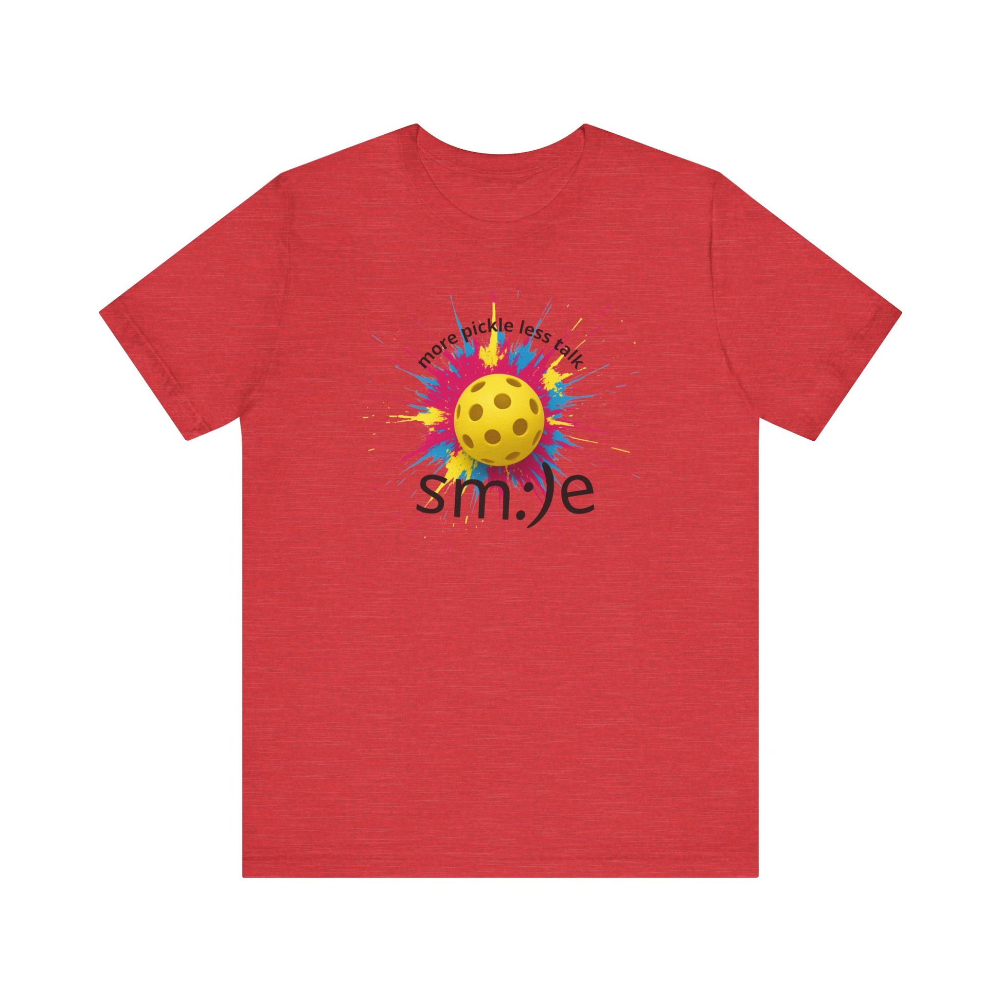 Red t-shirt with a colorful smiley face design on a white background