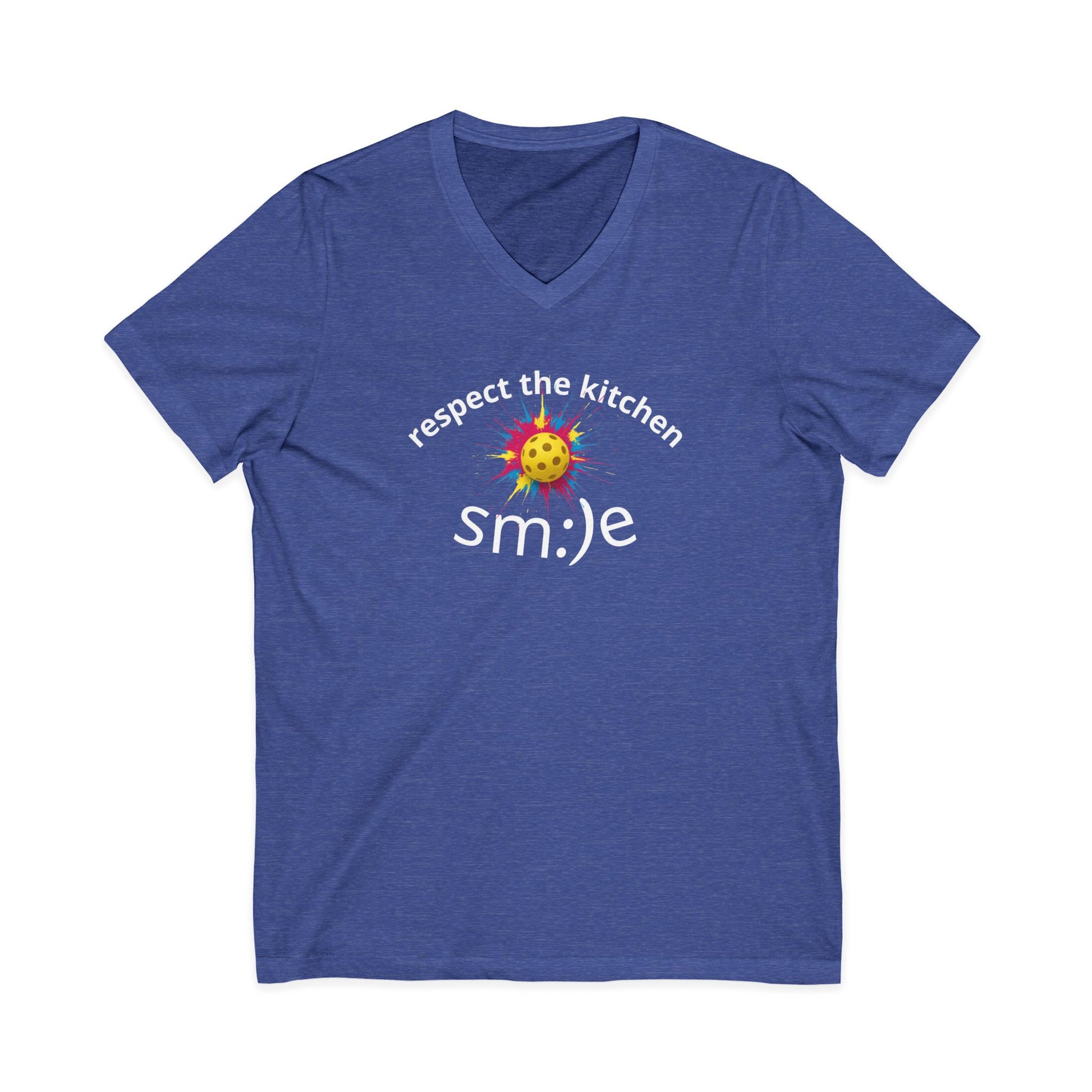 Blue t-shirt with 'respect the kitchen smile' text and smiley face design on a white background