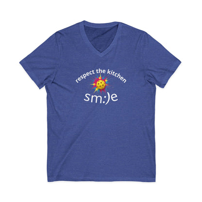 Blue t-shirt with 'respect the kitchen smile' text and smiley face design on a white background