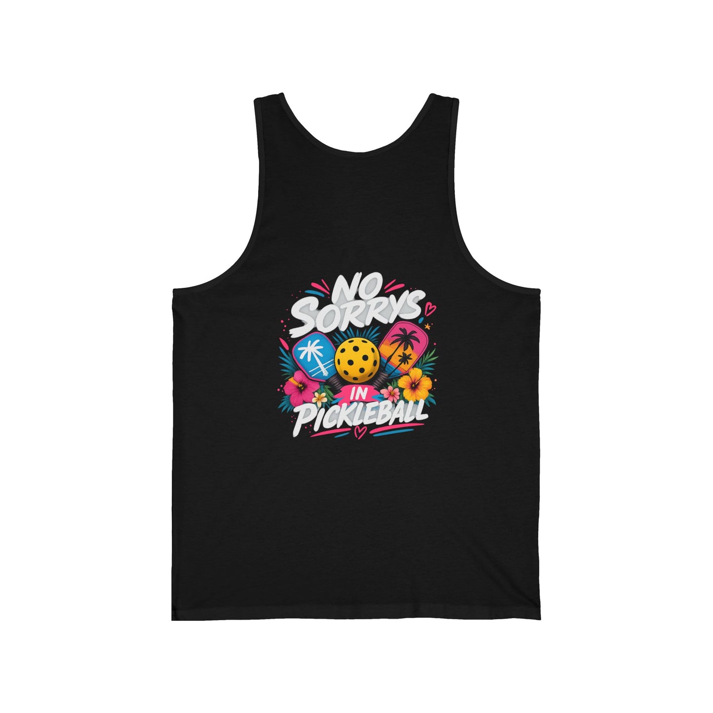 Pickleball Tank Top — "No Sorry's in Pickleball" Retro Tropical Design