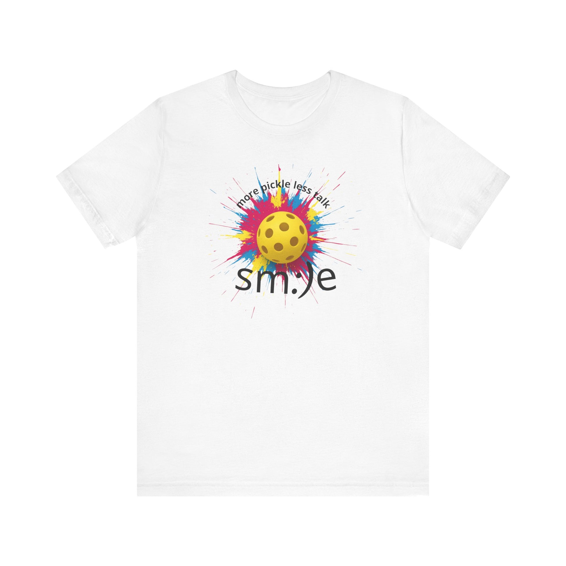 White t-shirt with colorful pickleball design and 'smile' text on a white background