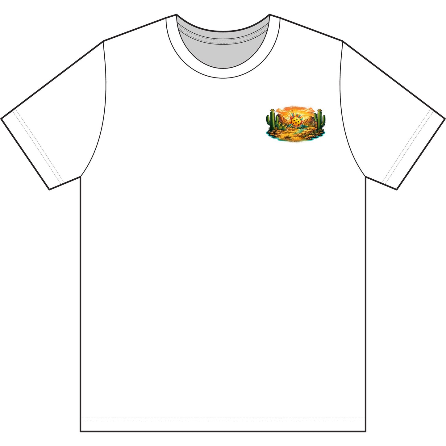 White t-shirt with a colorful graphic on the chest against a white background