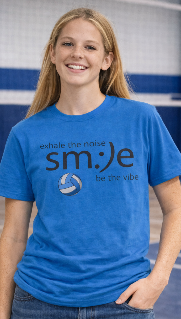 Exhale the Noise sm:)e Be the Vibe Volleyball T-Shirt | Motivational Athletic Statement Tee