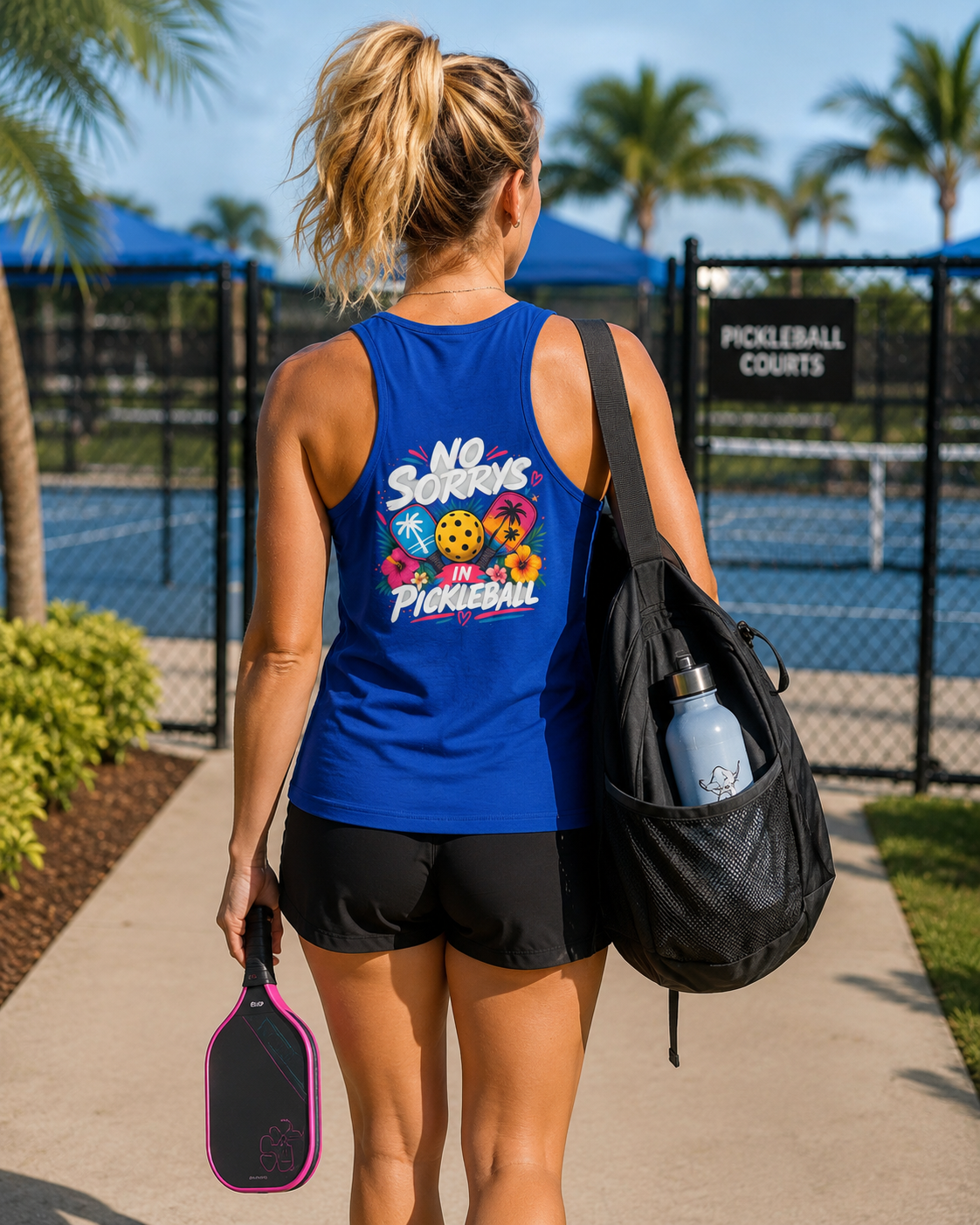 Pickleball Tank Top — "No Sorry's in Pickleball" Retro Tropical Design