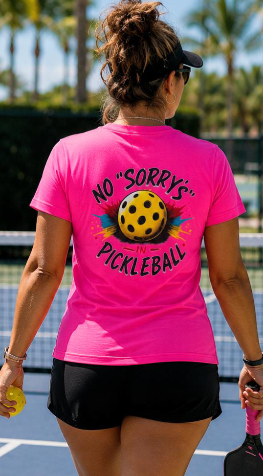 Pickleball Tee — “No 'Sorry's' in Pickleball” Moisture-Wicking Athletic Shirt