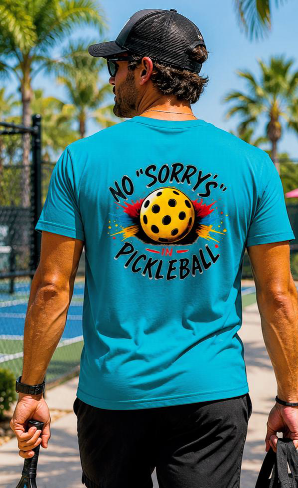 Pickleball Tee — “No 'Sorry's' in Pickleball” Moisture-Wicking Athletic Shirt