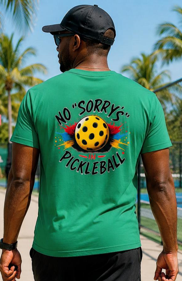 Pickleball Tee — “No 'Sorry's' in Pickleball” Moisture-Wicking Athletic Shirt