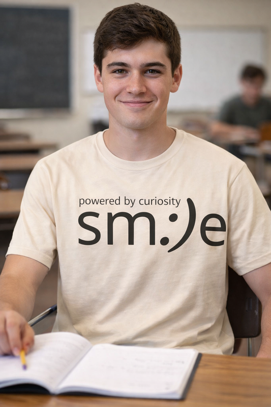 Powered by Curiosity sm:)e T-Shirt | Streetwear Motivational Graphic Tee