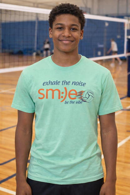 Exhale the Noise | sm:)e Be the Vibe Volleyball T-Shirt | Motivational Teen Unisex Tee