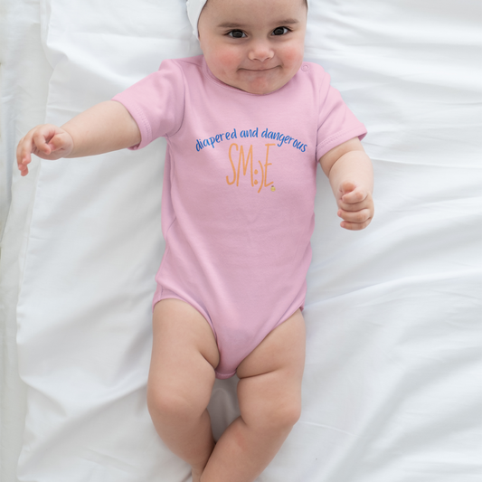 Diapered and Dangerous sm:)e Infant Bodysuit - Funny Baby Statement Onesie, Trendy Toddler Gift
