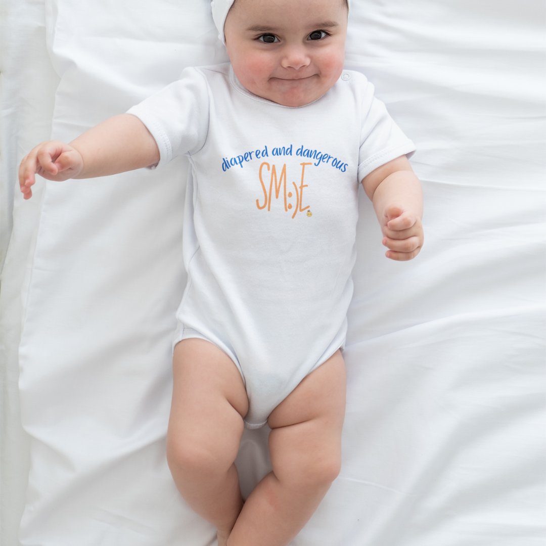 Diapered and Dangerous sm:)e Infant Bodysuit - Funny Baby Statement Onesie, Trendy Toddler Gift