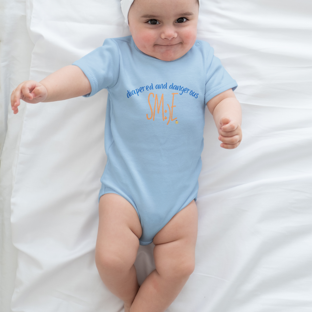 Diapered and Dangerous sm:)e Infant Bodysuit - Funny Baby Statement Onesie, Trendy Toddler Gift
